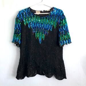 STENAY Vintage art Deco Gatsby Beaded Sequin Peacock 100% Silk evening top sz L